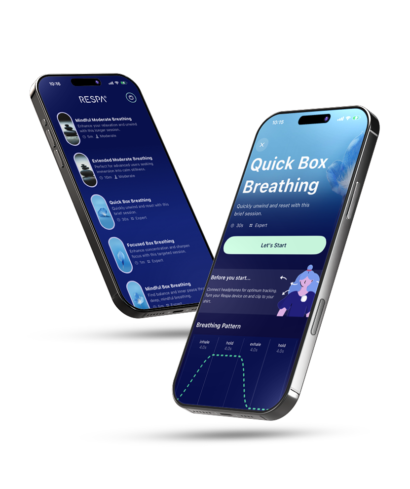 Two iPhone screens showing the RESPA app: a Quick Box Breathing session graph and controls.