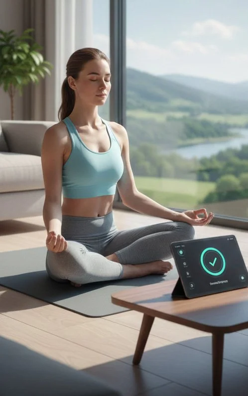 A person meditating with a tablet running a guided meditation app, a calm mountain and lake view behind them.